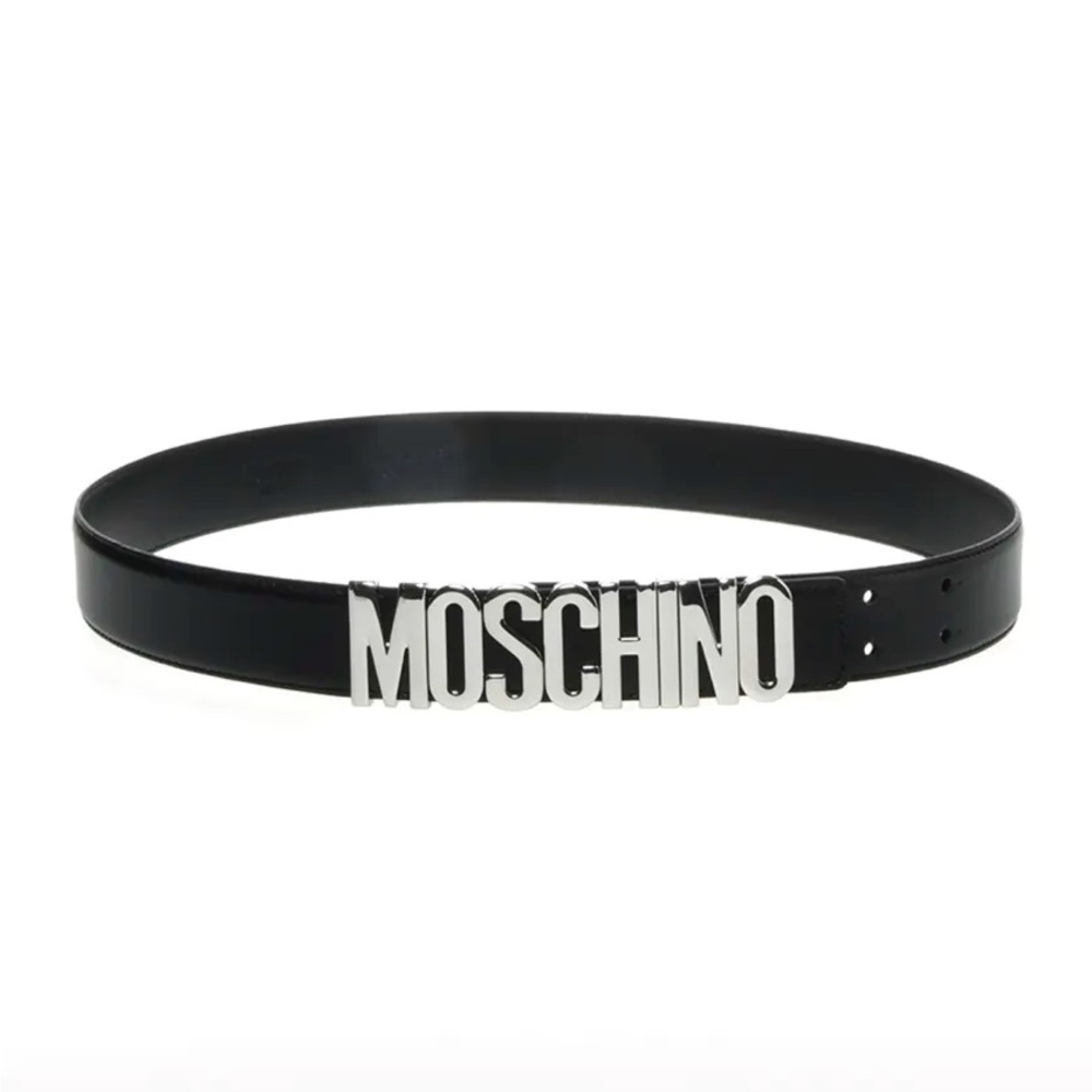 Moschino Men’s Leather Logo Belt - Black with Silver Logo - Sz IT 52 US 36 - New